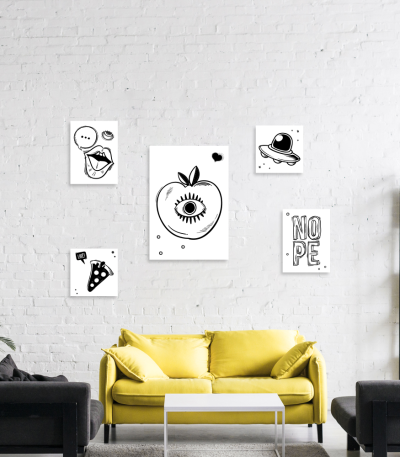 Σύνθεση με πίνακες Καμβάδες 72x114 - Black and White Apple Nope Pizza Yes