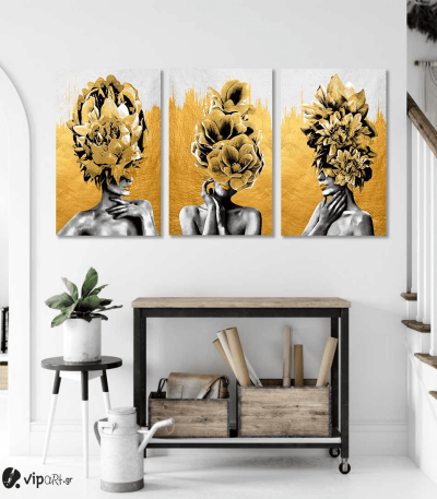 Μοντέρνος Τρίπτυχος Καμβάς Women and Golden Flowers
