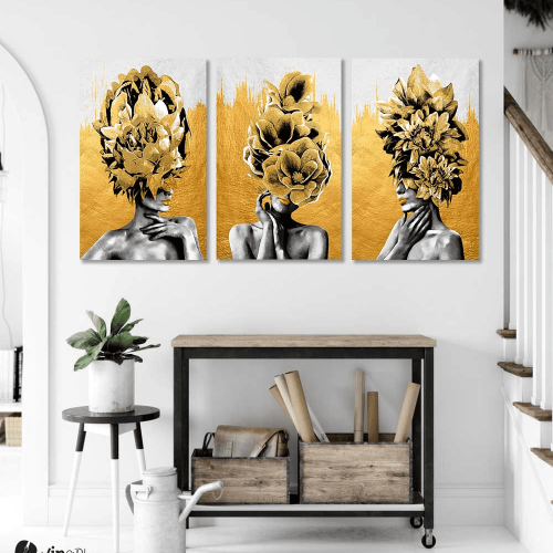 Μοντέρνος Τρίπτυχος Καμβάς Women and Golden Flowers