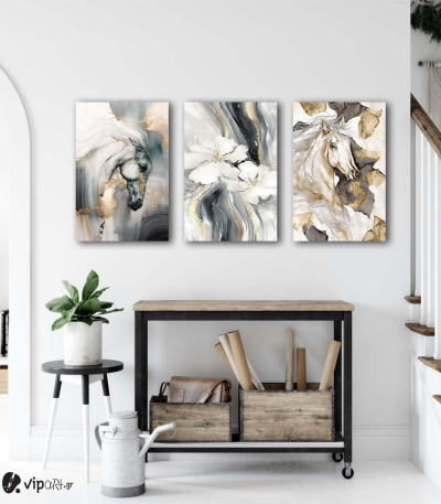 Σύνθεση Με Πίνακες Καμβάδες 60x40 - 3 Τεμάχια - Watercolor Horses And Flowers