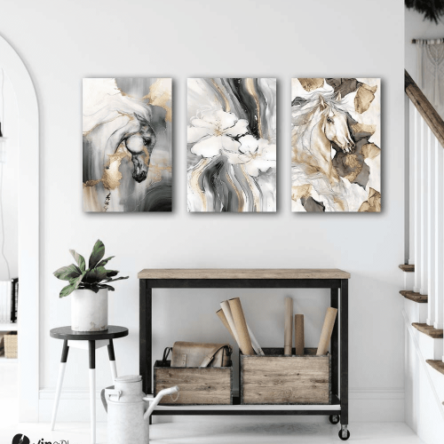 Σύνθεση Με Πίνακες Καμβάδες 60x40 - 3 Τεμάχια - Watercolor Horses And Flowers