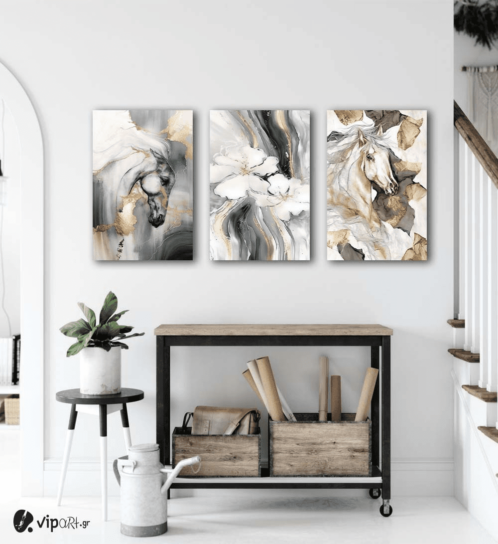 Σύνθεση Με Πίνακες Καμβάδες 60x40 - 3 Τεμάχια - Watercolor Horses And Flowers