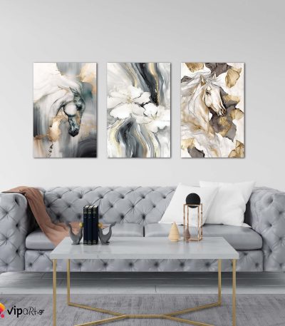 Σύνθεση Με Πίνακες Καμβάδες 60x40 - 3 Τεμάχια - Watercolor Horses And Flowers