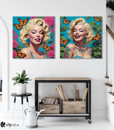 Σύνθεση Με Πίνακες Καμβάδες 60x60 - 2 Τεμάχια - Marilyn with Flowers & Butterflies
