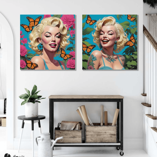 Σύνθεση Με Πίνακες Καμβάδες 60x60 - 2 Τεμάχια - Marilyn with Flowers & Butterflies