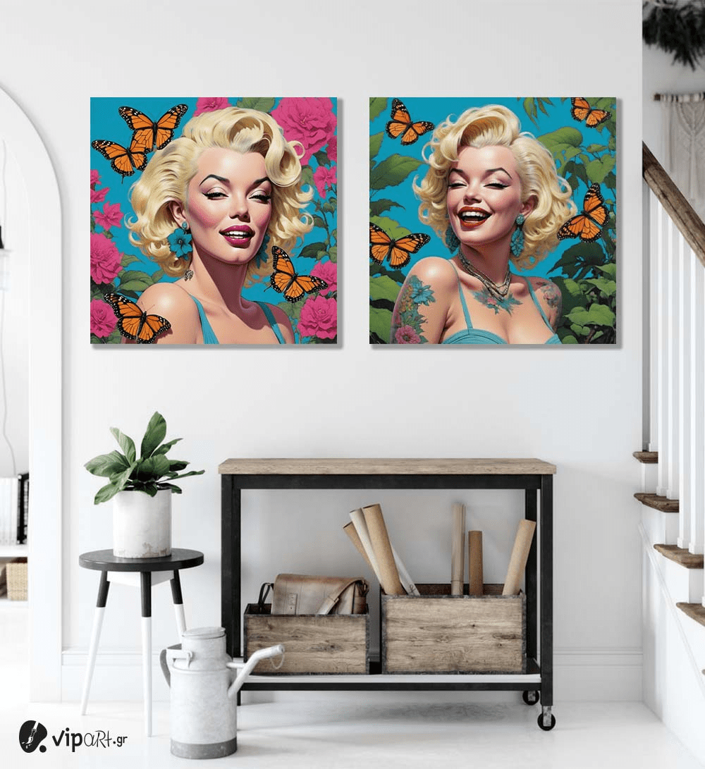 Σύνθεση Με Πίνακες Καμβάδες 60x60 - 2 Τεμάχια - Marilyn with Flowers & Butterflies Σύνθεση Με Πίνακες Καμβάδες 60x60 - 2 Τεμάχια - Marilyn with Flowers & Butterflies