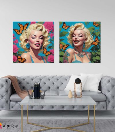 Σύνθεση Με Πίνακες Καμβάδες 60x60 - 2 Τεμάχια - Marilyn with Flowers & Butterflies