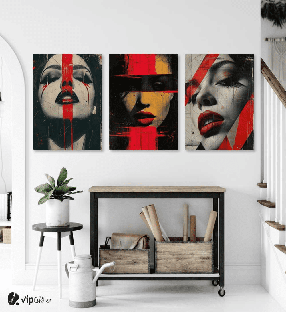 Σύνθεση Με Πίνακες Καμβάδες 70x50 - 3 Τεμάχια - Pop of Red