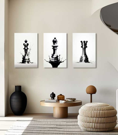 Σύνθεση Με Πίνακες Καμβάδες 60x40 - 3 Τεμάχια - Black and White Chess Pieces