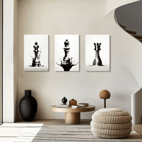 Σύνθεση Με Πίνακες Καμβάδες 60x40 - 3 Τεμάχια - Black and White Chess Pieces