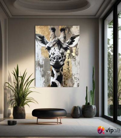 Πίνακας σε Καμβά Giraffe Golden, Black & White