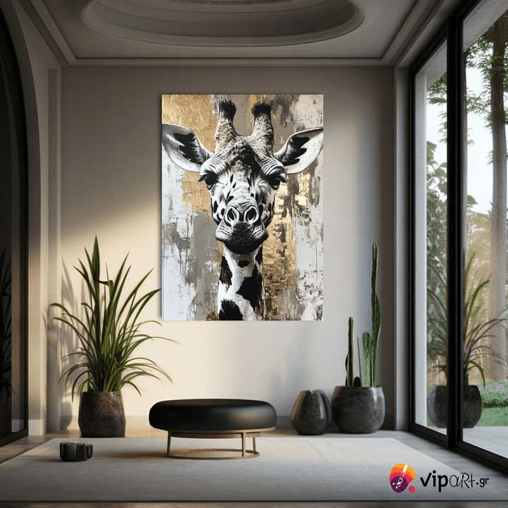 Πίνακας σε Καμβά Giraffe Golden, Black & White